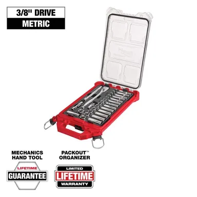 Milwaukee 48-22-9482, unpowered: 3/8 in. Drive Metric Ratchet and Socket Mechanics Tool Set with PACKOUT Case (32-Piece)