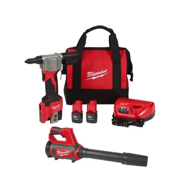 Milwaukee 2550-22-0852-20, bundle: M12 12-Volt Lithium-Ion Cordless Rivet Tool Kit with (2) 1. 5Ah Batteries, Charger & Compact Spot Blower