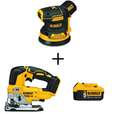 DeWalt DCW210BW334205, bundle: 20V MAX XR Cordless Brushless 5 in. Random Orbital Sander, 20V MAX XR Cordless Jigsaw, and (1) 20V 5.0Ah Battery
