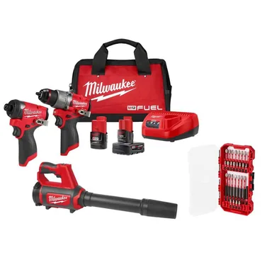 Milwaukee 3497-22-0852-20-48-32-5164, bundle: M12 FUEL 12V Cordless Hammer Drill/Impact 2-Tool Kit + M12 Compact Spot Blower + SHOCKWAVE 28-Pc Set Combo Kit