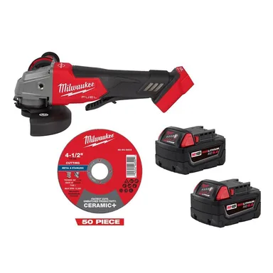 Milwaukee 2880-20-48-11-1852B-49-94-0203-x50, bundle: M18FUEL 18V Cordless 4-1/2 in./5 in Grinder w/ (2) M18 5 Ah Batteries w/ 50 4 1/2 in Ceramic + Metal Cutoff Wheel Type 1