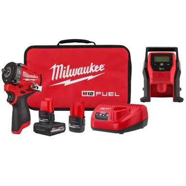 Milwaukee 2562-22-2475-20, bundle: M12 FUEL 12V Li-Ion Brushless Cordless Stubby 3/8 in. Impact Wrench Kit w/ 5.0Ah, 2.5Ah High Output Batteries & Inflator