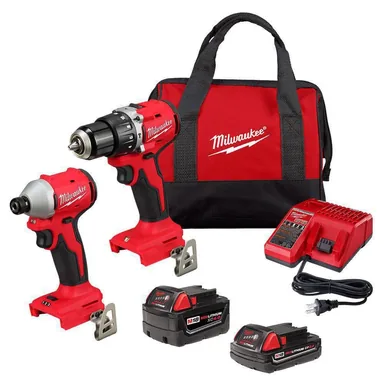 Milwaukee 3693-22CX, kit: M18 18-Volt Lithium-Ion Brushless Cordless Compact Hammer Drill/Impact Combo Kit (2-Tool) with (2) Batteries, Bag