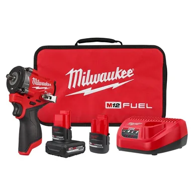 Milwaukee 2562-22, kit: M12 FUEL 12V Li-Ion Brushless Cordless Stubby 3/8 in. Impact Wrench Kit w/(1) 5.0Ah & (1) 2.5 Ah High Output Batteries