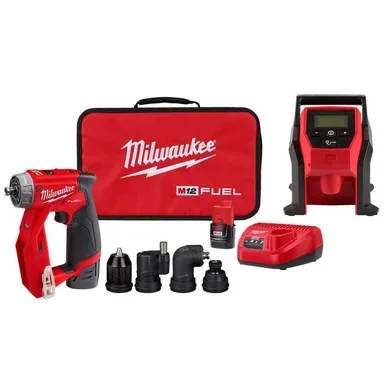 Milwaukee 2505-22-2475-20, bundle: M12 FUEL 12V Lithium-Ion Brushless Cordless 4-in-1 Installation 3/8 in. Drill Driver Kit w 4-Tool Heads & M12 Inflator