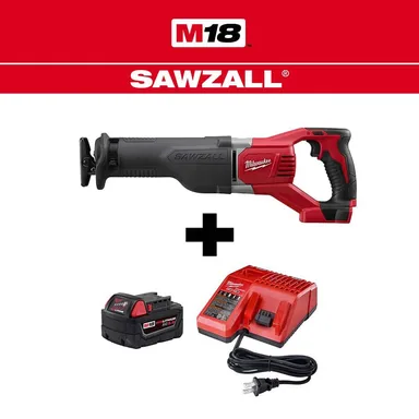 Milwaukee 2621-20-48-59-1850, bundle: M18 18V Lithium-Ion Cordless SAWZALL Reciprocating Saw with M18 Starter Kit (1) 5.0Ah Battery and Charger
