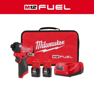 Milwaukee 3453-22, kit: M12 FUEL 12V Lithium-Ion Brushless Cordless 1/4 in. Hex Impact Driver Kit w/Two 2.0Ah Batteries, Charger&Soft Case (photograph from the Home Depot listing)