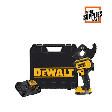 DeWalt DCE155D1, kit: 20V MAX Cordless ACSR Cable Cutting Tool, (1) 20V 2.0Ah Battery, and Charger (photograph from the Home Depot listing)