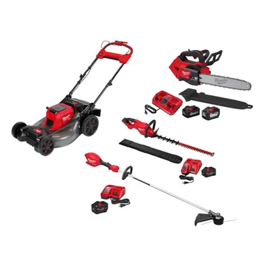 Milwaukee 2823-20-3046-21HD-3034-21-2826-22T, bundle: M18 FUEL Brushless Cordless 21 in Dual Battery Self-Propelled Mower w String Trimmer, Hedge Trimmer, Top Handle Chainsaw