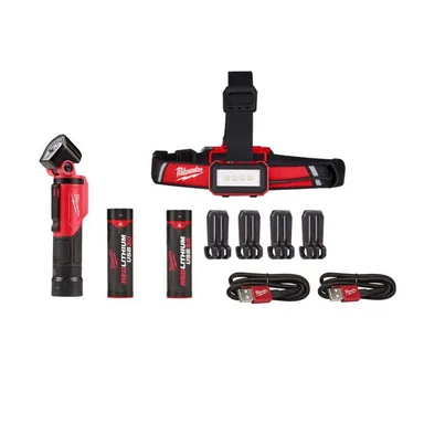 Milwaukee 2113-21-2115-21, bundle: 500 Lumens LED Pivoting REDLITHIUM USB Flashlight with 600 Lumens LED USB Low-Profile Hard Hat Headlamp (2-Pack)