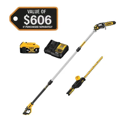 DeWalt DCKO86M1, bundle: 20V MAX Cordless Lithium-Ion Pole Saw and Pole Hedge Trimmer Combo Kit with (1) 4.0 Ah Battery and Charger (photograph from the Home Depot listing)