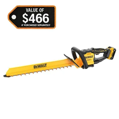 DeWalt DCHT826P1, kit: 20V MAX XR 24 in. Cordless Battery Powered Hedge Trimmer and Hedge Sweep Kit with (1) 5.0 Ah Battery and Charger (photograph from the Home Depot listing)
