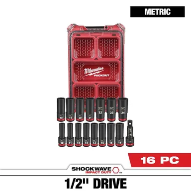 Milwaukee 49-66-6803, accessory: SHOCKWAVE Impact Duty 1/2" Drive Metric Deep Well PACKOUT Socket Set (16-Piece)
