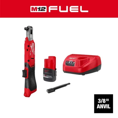 Milwaukee 3053-21, kit: M12 FUEL 12V Lithium-Ion Compact 3/8 in. Cordless Ratchet Kit with Battery, and Charger (photograph from the Home Depot listing)
