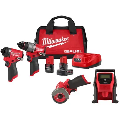 Milwaukee 3497-22-2522-20-2475-20, bundle: M12 FUEL 12-Volt Li-Ion Brushless Cordless Hammer Drill & Impact Driver Combo Kit w/2 Batteries, Cut Off Saw & Inflator
