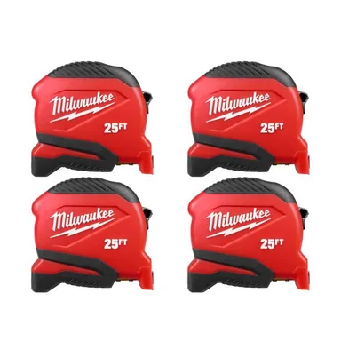 Milwaukee 48-22-1725-X4, unpowered: Compact 25 ft. Tape Measure with Fractional Scale (4-Pack)