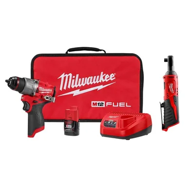 Milwaukee 3404-21-2457-20, bundle: M12 FUEL 12-Volt Li-Ion Brushless Cordless 1/2 in. Hammer Drill Kit w CP 2.0Ah Battery, Charger & M12 3/8 in. Ratchet