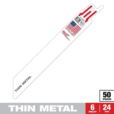 Milwaukee 48-01-6186, accessory: 6 in. 24 TPI Thin Metal Cutting SAWZALL Reciprocating Saw Blades (50-Pack)