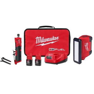 Milwaukee 2486-22-2367-20, bundle: M12 FUEL 12V Lithium-Ion 1/4 in. Cordless Straight Die Grinder Kit w/M12 ROVER Service Light