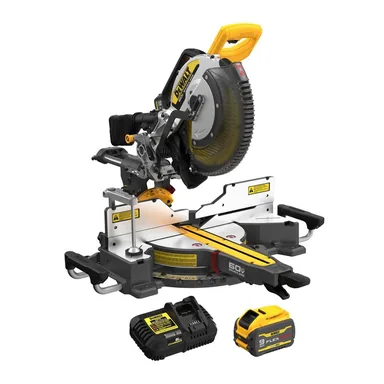 DeWalt DCS781X1, kit: 60V Lithium-Ion 12 in. Cordless Sliding Miter Saw Kit with 9.0Ah Battery Pack (photograph from the Home Depot listing)