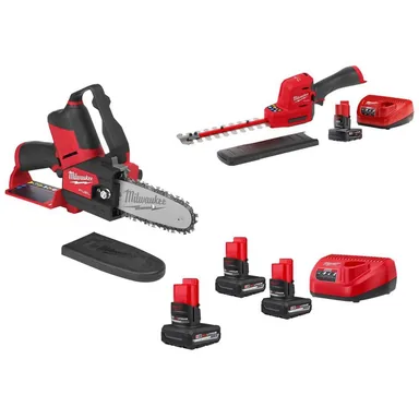Milwaukee 2527-20-2533-21-48-59-2450P-48-11-2450, bundle: M12 FUEL 6 in. 12V Lithium-Ion Brushless Cordless Battery Mini Chainsaw HATCHET w/ M12 Hedge Trimmer, (3) M12 Batteries