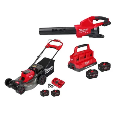 Milwaukee 2824-20-2823-22HD-48-59-1842F, bundle: M18 FUEL Dual Battery 145 MPH 600 CFM 18V Brushless Cordless Blower w/ M18 Mower Kit, (2) 12.0 AH FORGE Battery, Charger