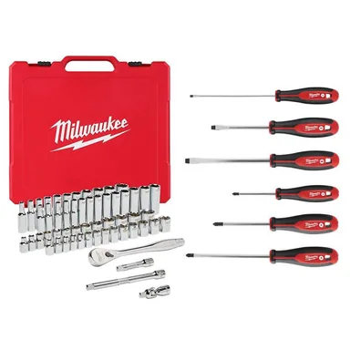 Milwaukee 48-22-9008-48-22-2706, bundle: 3/8 in. Drive SAE/Metric Ratchet and Socket Mechanics Tool Set (56 piece) & Screwdriver Set (6 piece)