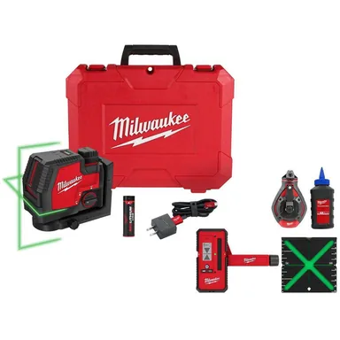 Milwaukee 3521-21-48-22-3982-48-35-1211-48-35-1111, bundle: 100 ft. Green Rechargeable Cross Line Laser, 100 ft. Blue Chalk Reel, 165 ft. Laser Detector & Centering Target