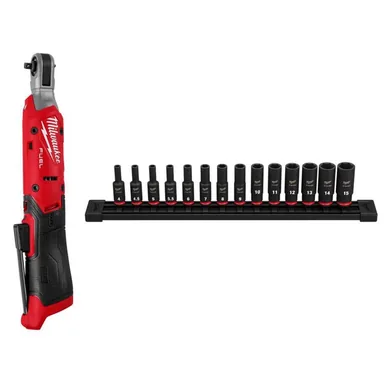 Milwaukee 3052-20-49-66-7003, bundle: M12 12V Lithium-Ion 1/4 in. Cordless Ratchet with 1/4 in. Drive Metric Deep Well 6 Point Impact Socket Set (14-Piece)