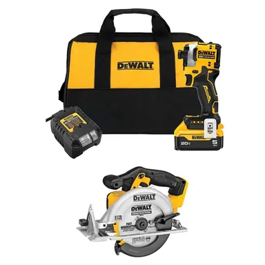 DeWalt DCF850P1WCS391B, bundle: ATOMIC 20V MAX Lithium-Ion Cordless 1/4 in. Brushless Impact Driver Kit and 6.5 in. Circ Saw with 5Ah Battery & Charger