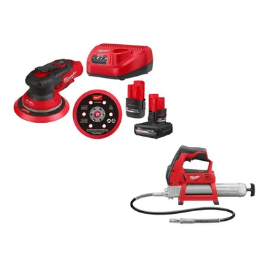 Milwaukee 2585-22CX-2446-20, bundle: M12 FUEL 12-Volt Li-Ion Brushless Cordless 6 in. Random Orbital Sander Kit (3/16 in) w M12 Batteries & M12 Grease Gun