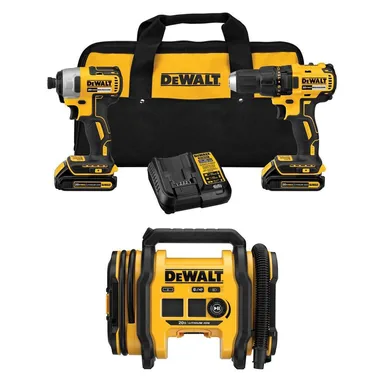DeWalt DCK277D2WC020IB, bundle: 20V MAX Lithium-Ion Cordless 2-Tool Combo Kit and 20V MAX Cordless Inflator with (2) 2 Ah Batteries, Charger and Kitbag