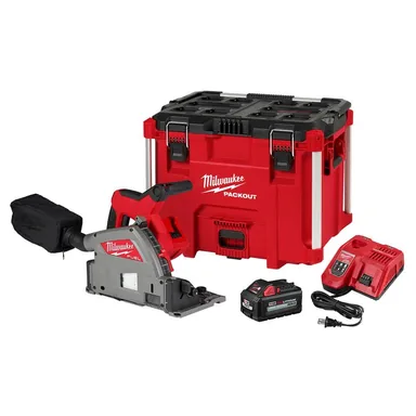 Milwaukee 2831-21, kit: M18 FUEL 18V Lithium-Ion Brushless Cordless 6-1/2 in. Plunge Track Saw PACKOUT Kit with One 6.0 Ah Battery (photograph from the Home Depot listing)