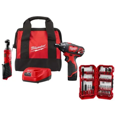 Milwaukee 2401-21R-48-32-4023, bundle: M12 12V Lithium-Ion Cordless 3/8 in. Ratchet and Screwdriver Combo Kit (2-Tool) with Battery, Bit Set, Charger, Tool Bag