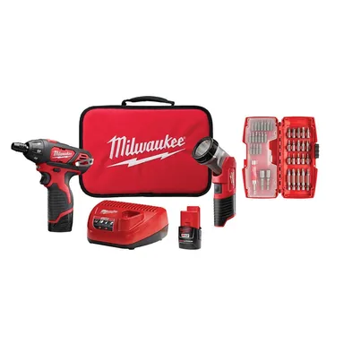 Milwaukee 2482-22, kit: M12 12V Lithium-Ion Cordless 1/4 in. Hex Screwdriver/LED Worklight Kit with (2) 1.5Ah Batteries,Bit Set & Bag