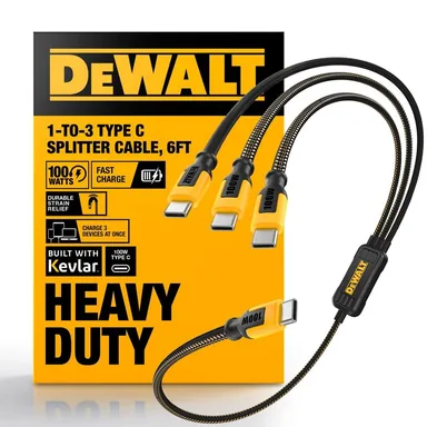 DeWalt 131 0099 DW2, unclassified: 100 Watt USB-C Splitter, 1-to-3 Fast Charge and Data Transfer, Kevlar Reinforced, 6 ft.