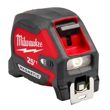 Milwaukee 48-22-0428, unpowered: 25 ft. x 1-1/16 in. Compact Wide Blade Tape Measure with LED