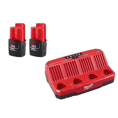 Milwaukee 48-11-2422-48-59-1204, bundle: M12 12-Volt Lithium-Ion 2.0 Ah Compact Battery Pack (2-Pack) with M12 4 Port Charger
