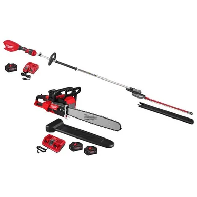 Milwaukee 3035-21-2827-22, bundle: M18 FUEL 18V 24 in. Brushless Cordless Extended Pole Articulating Hedge Trimmer Kit w M18 FUEL Dual Battery Chansaw Kit