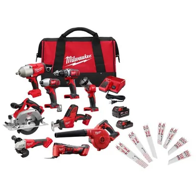 Milwaukee 2697-29-49-22-1216, bundle: M18 18-Volt Lith-Ion Cordless Combo Kit 9-Tool w/ 2-Batteries, Charger, & SAWZALL Blade Set