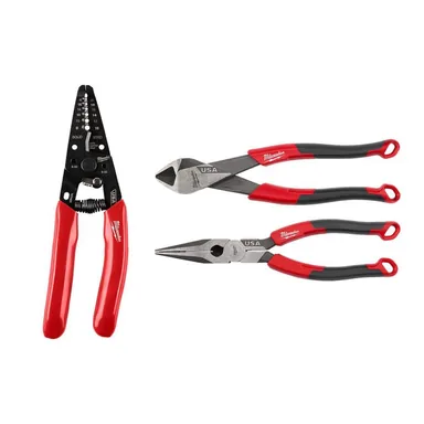 Milwaukee MT702-MT558-MT555, bundle: 8-20 AWG Dpd Grip Wire Stripper/Cutter(USA), 8" Diag Cmfrt Grip Ctng Pliers(USA), & 8"Lng Nose Cmfrt Grp Pliers(USA)