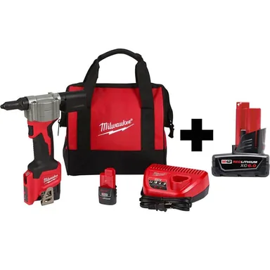 Milwaukee 2550-22-48-11-2460, bundle: M12 12-Volt Lithium-Ion Cordless Rivet Tool Kit with Free M12 6.0 Ah Battery