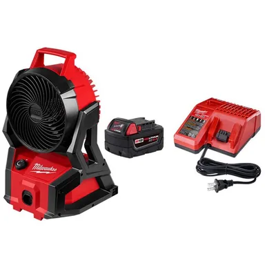 Milwaukee 0818-20-48-59-1850, bundle: M18 18-Volt Lithium-Ion Brushless Cordless PACKOUT Jobsite Fan w/ (1) 5Ah Battery & Charger