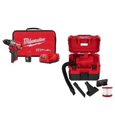 Milwaukee 3404-21-0960-20, bundle: M12 FUEL 12-Volt Li-Ion Brushless Cordless 1/2 in. Hammer Drill w 2.0Ah Battery, Charger & M12 FUEL 1.6 Gal. Wet/Dry Vac