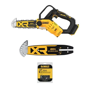 DeWalt DCCS623BW608B8P, bundle: 20-Volt MAX 8 in. Brushless Cordless Battery Powered Pruning Mini Chainsaw (Tool Only) with Extra 8 in. Bar and Chain