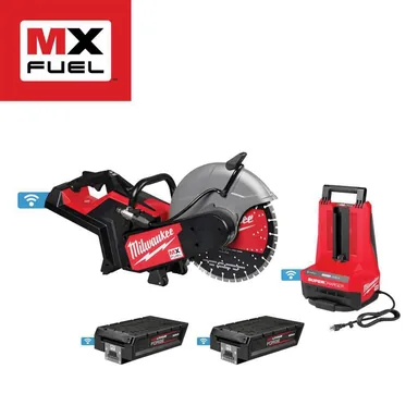 Milwaukee MXF315-2XC, kit: MX FUEL Lithium-Ion 14 in. Cut Off Saw Kit with RAPIDSTOP Brake w/ (2) FORGE XC8.0 Batteries & (1) MX FUEL Super Charger (photograph from the Home Depot listing)