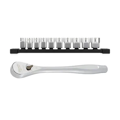 Milwaukee 48-22-9503-48-22-9038, bundle: 3/8 in. Metric Low Profile 6-Point Sockets with FOUR FLAT Sides and 3/8 in. Drive Ratchet (11-Piece)