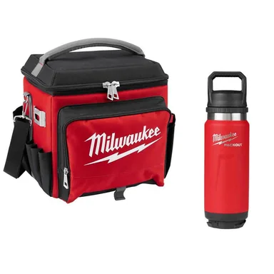 Milwaukee 48-22-8250-48-22-8396R, bundle: 21 Qt. Soft Sided Jobsite Lunch Cooler with PACKOUT Red 24 oz. Insulated Bottle with Chug Lid