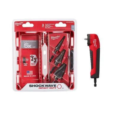 Milwaukee 48-89-9257-48-32-2390, bundle: SHOCKWAVE Impact Duty Titanium Step Bit Kit (3-Piece) with Right Angle Drill Adapter