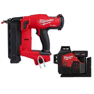 Milwaukee 2746-20-3632-21, bundle: M18 FUEL 18GA BRAD NAILER W/M12 Lithium-Ion Cordless Green 250 ft. 3Plane Laser Level Kt w/4.0 Ah Battery, Charger, Case